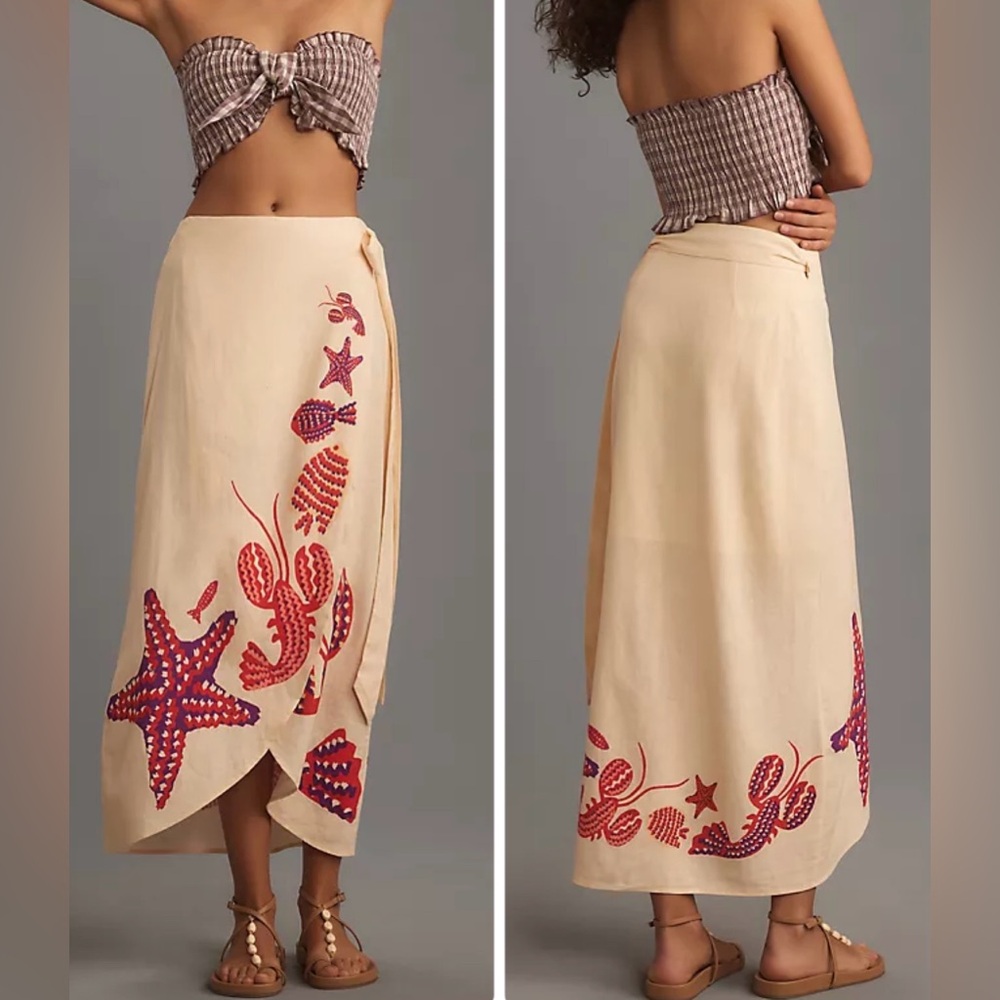 Farm Rio Lobster Print Linen Side-Tie Wrap Midi Skirt, Size XS